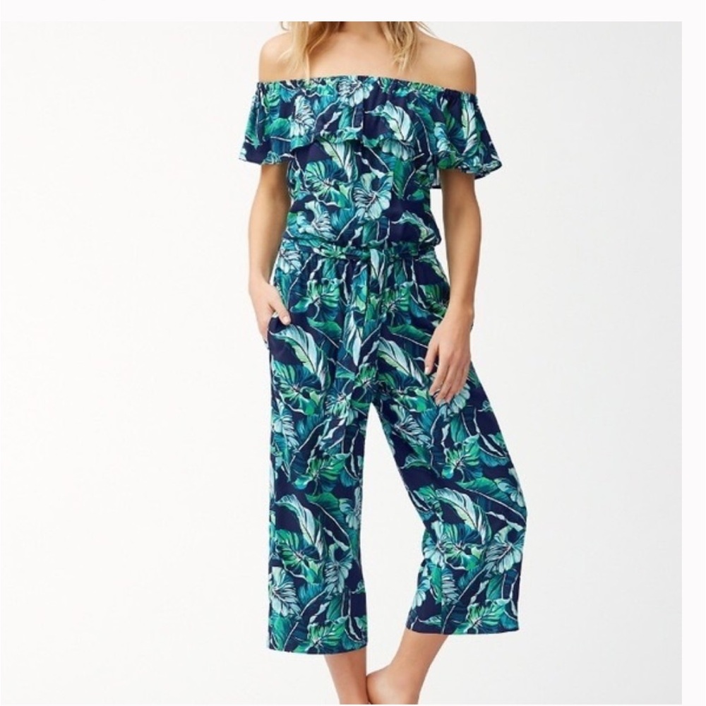 Tommy Bahama Breezy Palm Jumpsuit Navy S Cropped Off Shoulder NWT